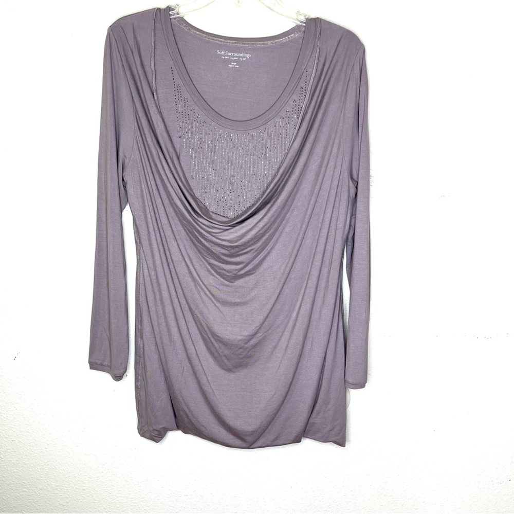 Soft Surroundings taupe beaded cowl Draped Blouse layered top L long sleeve